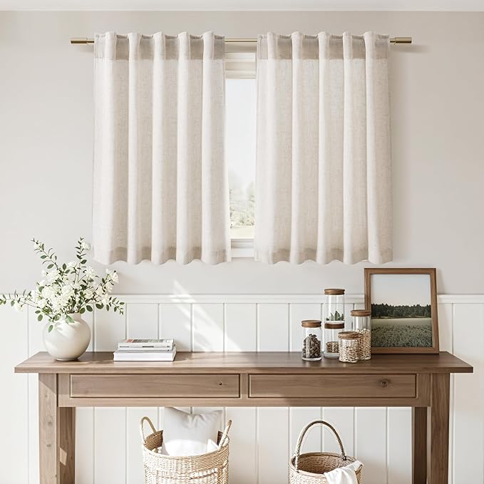 Nanspring Kitchen Curtains Linen 36 Inch Length Beige Farmhouse Small Cafe Curtains Semi Sheer Back Tab and Rod Pocket Drapes for Basement Short Window Curtain 26 x 36 Inch, 2 Panels