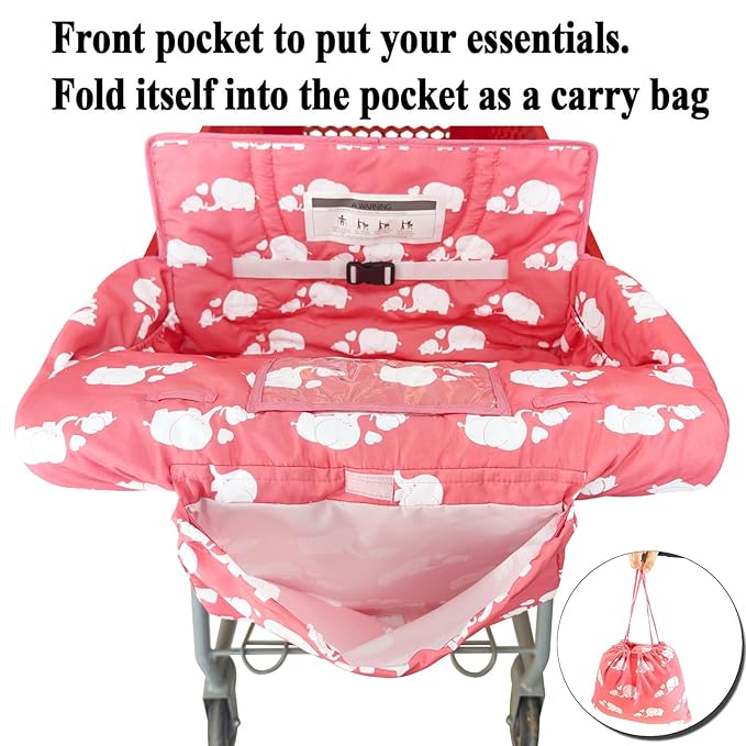 2-in-1 Shopping Cart and High Chair Cover for Baby, Padded Cover, Fold'n Roll Style, Portable with Carry Bag (Pink Elephant)