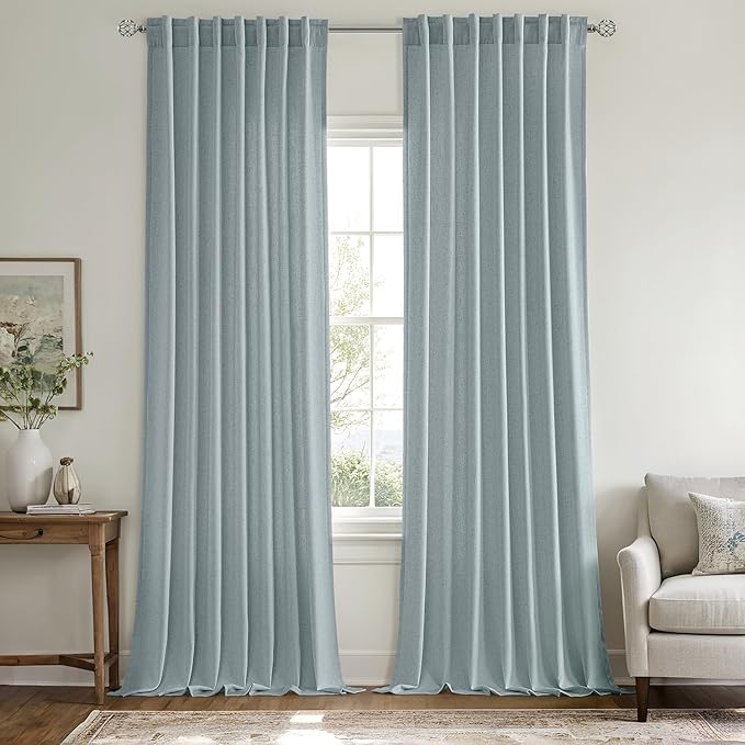 MIULEE Non-See-Through Privacy Linen Curtains 2 Panels, Light Filtering Window Curtains Farnhouse Textured Back Tab Semi Sheer Drapes for Bedroom Living Room, 52 x 108 Inches Long, Stone Blue