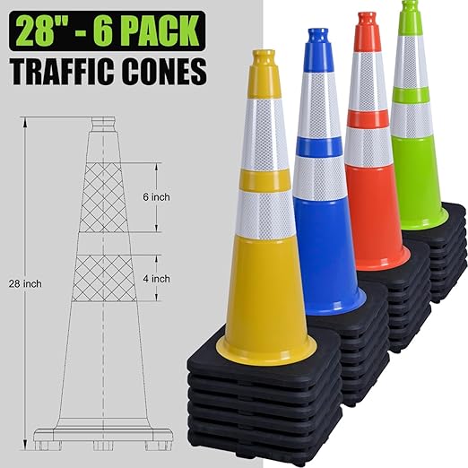 Fluorescent Green PVC Traffic Cones, Heavy Black Base Parking Lot Cone Structurally Stable Weatherproof Road Construction Safety Cones (8, Green, 28" Large)