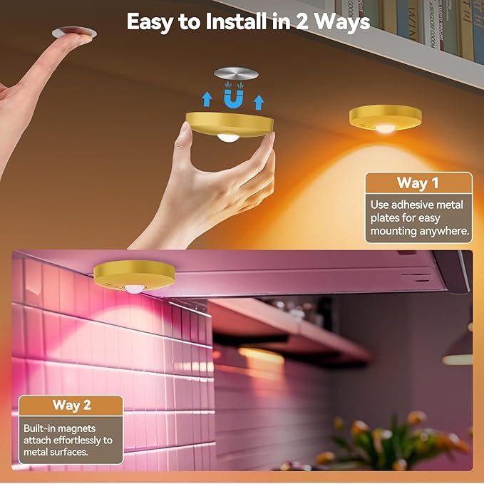 Rechargeable Puck Lights with Remote, 6 Pack Magnetic Under Cabinet Lighting, 1500mAh Battery Operated LED Tap Lights with Dimmer & Timmer for Kitchen, Closet, Shelf - 3 Color Temps & 12 RGB, Gold