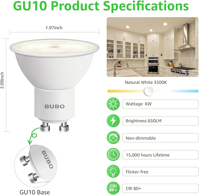 BUBO GU10 LED Bulb 6W Equivalent 50W, 3500K Natural White 650 Lumens, Non-Dimmable GU10 Bulb Replacement for Track Lighting, MR16 LED Bulb for Kitchen, Range Hood, Living Room, Bedroom, 6 Pack