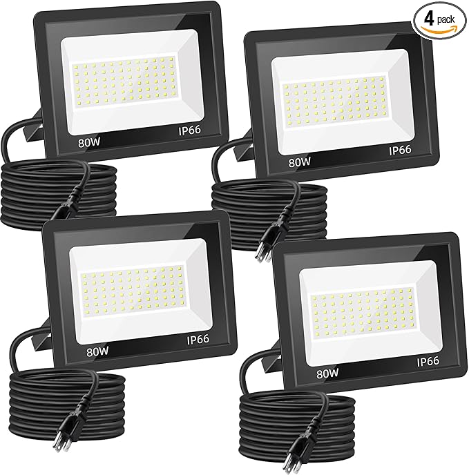80W Outdoor Flood Lights with Plug, 12000lm Bright Work Light with 5ft Cord, 6000K Daylight White Exterior LED Floodlight, IP66 Waterproof Security Light Yard Lights for Garage Stadium 4 Pack