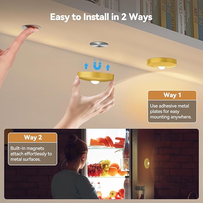 Yiliaw Rechargeable Puck Lights with Remote, 12 Pack Magnetic Under Cabinet Lighting, 1500mAh Battery Operated LED Tap Lights with Dimmer & Timmer for Kitchen, Closet, Shelf - 3 Color Temps, Gold