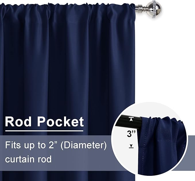 JIUZHEN Blackout Curtains for Bedroom - Thermal Insulated Room Darkening Rod Pocket Curtains for Living Room, Set of 2 Panels with Tiebacks, 52 x 96 Inch Length, Navy Blue