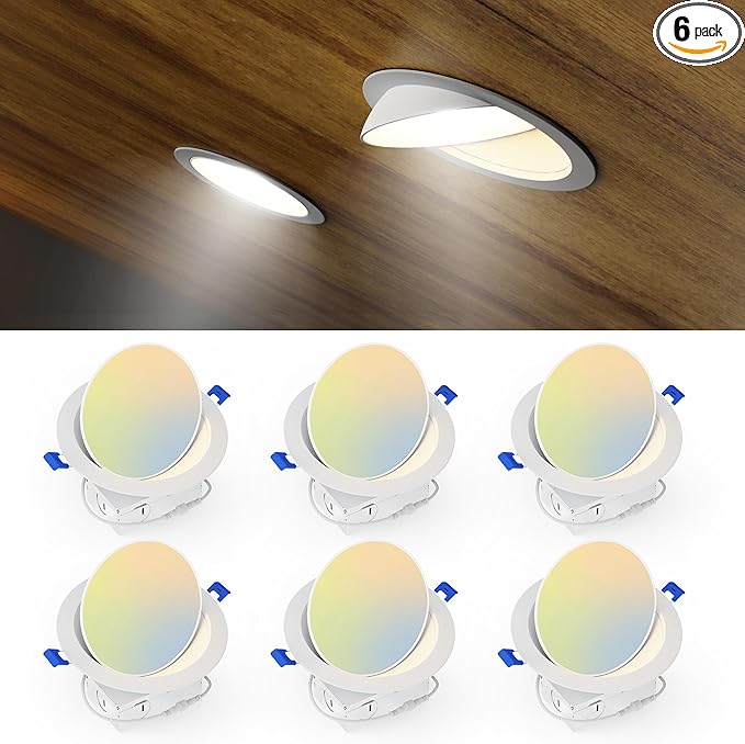 Ensenior 6 Pack 6 inch 5CCT LED Eyeball Recessed Lighting, 360°+90° Rotatable, Dimmable Gimbal Recessed Lights, Canless Angled Adjustable Ceiling Downlight, 1300LM, 12W=115W, 120V - ETL&FCC