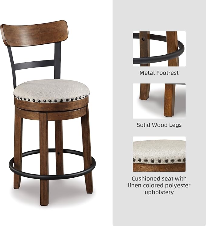 Signature Design by Ashley Valebeck Rustic Farmhouse Swivel Bar Stool – 24.5″ Counter Height, 360° Swivel Metal & Wood Frame, Polyester Upholstery – Brown