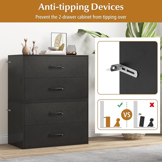 POWERSTONE 2 Drawers Storage Cabinets, Wooden Dresser Organizer, Under Desk Storage for Living Room, Bedroom, Home Office, Black