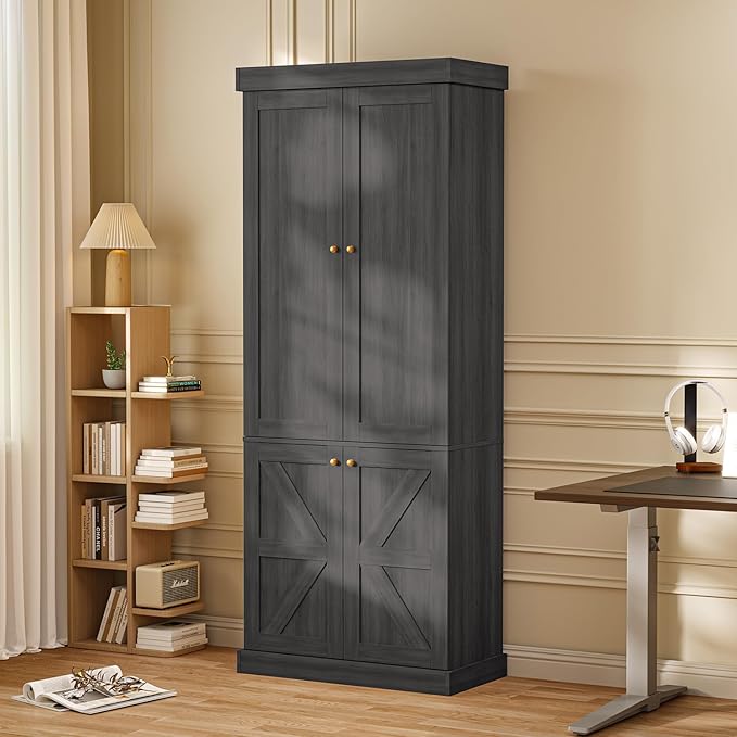 70.8" Tall Bookshelf with Doors, Farmhouse Modular Bookcase with 4-Tier Adjustable Shelves, Large Storage Cabinet for Home Office, Living Room, Black
