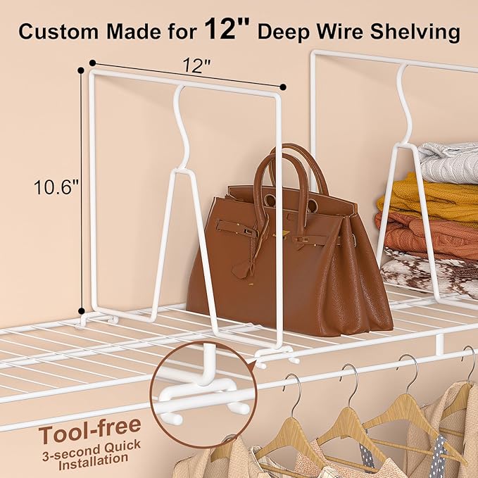 Wire Shelf Dividers for Closet: Tall 16 Pack 12-Inch Deep Adjustable Organizer for Shelves,Metal Rack Separator for Clothes, Purses & Bags，No Tool