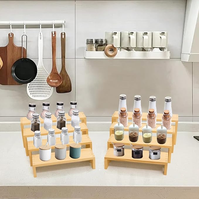 Large Display Wood Risers Wooden Stand 4 Tier Wood Racks, 2 Set 8 Pieces Cupcake Stands Cologne Perfume Organizer Dessert Stands for Vendors Event