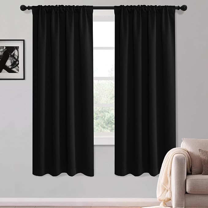 KGORGE Black Blackout Curtains 63 inch Length, Room Darkening Thermal Insulated Noise-Reducing Black Out Curtains for Bedroom Living Room Windows, Back Tab Rod Pocket, W52 x L63 inches, 2 Panels