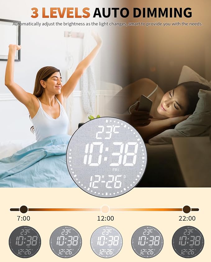 12" Large Digital Wall Mount Clock, Count Down Timer, Alarm, Big LED, 12 RGB Color, Temperature for Living Room Classroom Desk, Xmas, Birthday Gift for Senior Mom (Fabric Elements)