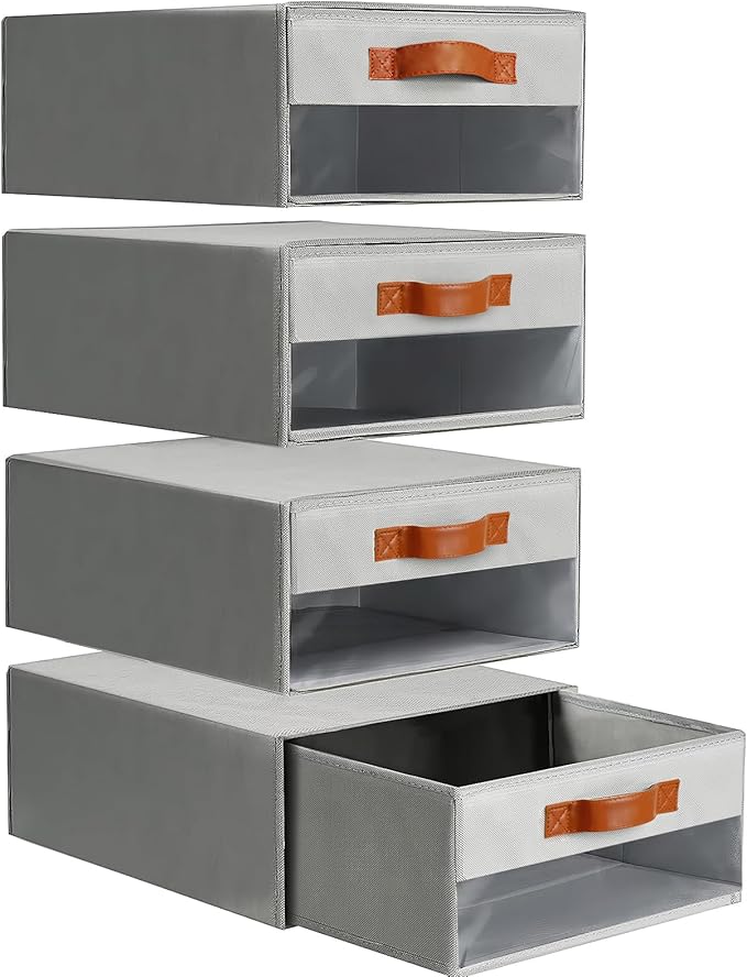 Closet Organizers and Storage Bins, Stackable Storage Drawers, Fabric Organizer Bins with Drawers,Stackable Closet Bins with Clear Window for Bedroom, Shelf,Room15.7"x 12.6"x 6.7"(Grey)