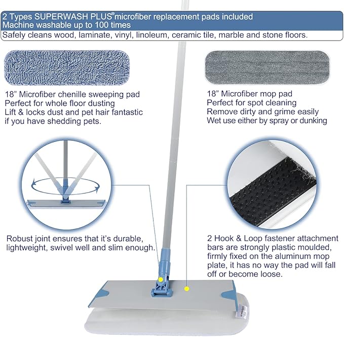 18'' Microfiber Mop for Floor Deep Cleaning, Extendable Long Handle with Aluminum Plate, Wet Mopping and Dry Dusting Chenille Pads Included Great for Hardwood, Laminate, Vinyl, Tile Cleaning