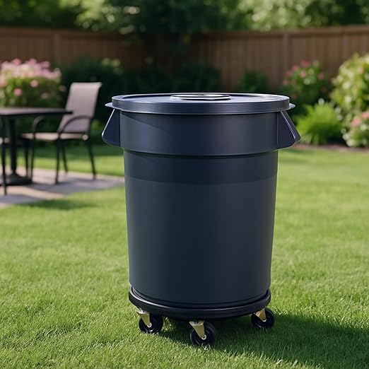 32 Gallon Outdoor Trash Can with Wheels, Rolling Trash Can with Lid & Sturdy Handle, Commercial Round Trash Cans, Outdoor Garbage Can for Kitchen, Garage, Backyard and Patio (32 Gallon, 1 Pack)
