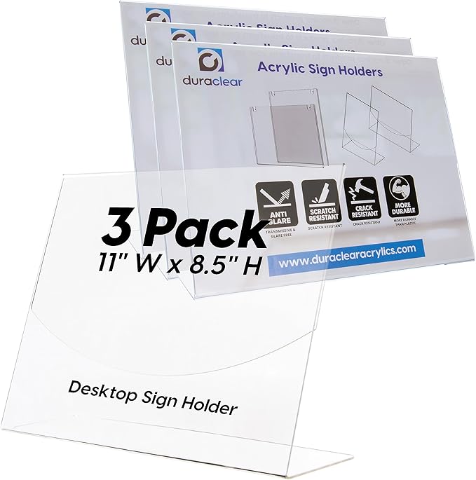 Mammoth DuraClear Acrylic Sign Holders 8.5 x 11 - Extra Thick and Durable Desktop Paper Sign Holders - Perfect for Retail and Booth Display Supplies - 3 Pack, Landscape
