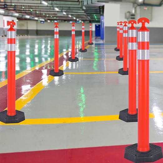 Traffic Delineator Post Cones with Heavy-Duty Octagonal Rubber Base, Channelizer Post Kit for Road Construction Work, Traffic Guidance, Garage Parking, Crowd Control (9, 42")