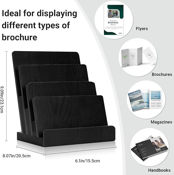 Black 8.5×11 Inch Magazine Display Stand 4-Tier For 6×9 inch Brochure Pamphlet Flyer Menu Holder Countertop Display Stand Literature Organizer For Office Home