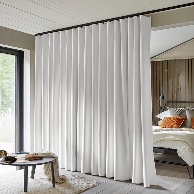 Room Divider Curtains Total Blackout Privacy Curtain Panel Room Thermal Insulated Noise Reduction Curtains for Bedroom Window Living Room Ceiling Track Curtain W 10 ft × H 9 ft White