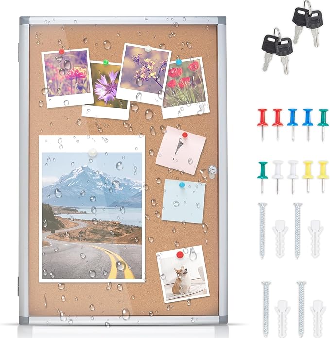 Enclosed Cork Bulletin Board Tamper-Proof Dispaly Case, Aluminium Frame, All-Weather Cork Noticeboard, Outdoor Enclosed Cork Board for School, Office, Restaurant, Hospital (38 X 28 Inches)