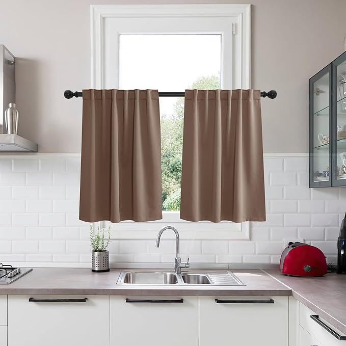 KGORGE Small Window Curtains Blackout Privacy Solid Thermal Insulating Rod Pocket Window Treatment Energy Saving Curtains for Kids Bedroom Kitchen Office, W34 x L45 inches, Mocha, 2 Panels