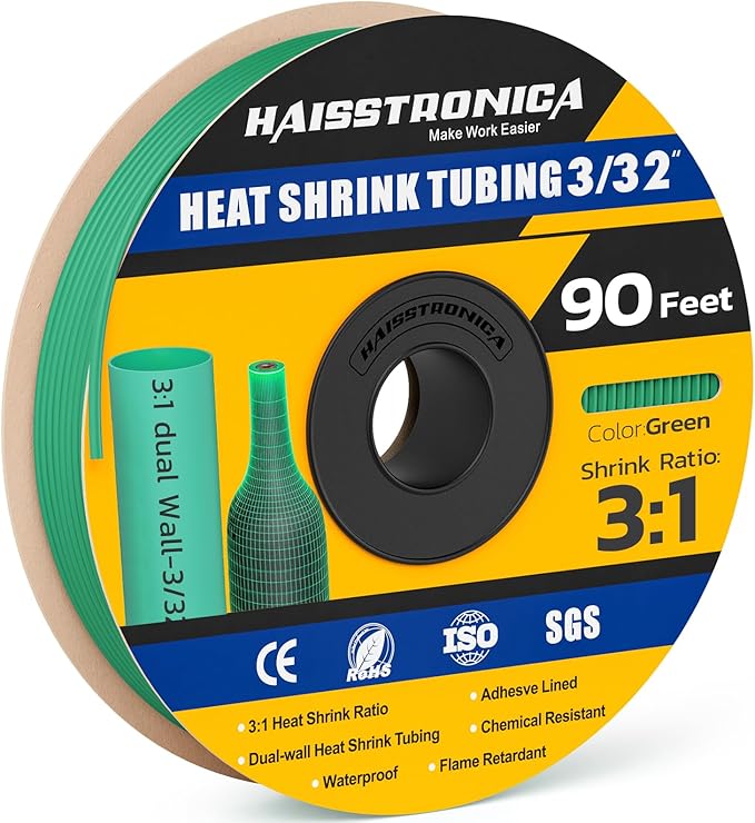 haisstronica 3:1 Heat Shrink Tubing, Shrink Ratio Adhesive Lined Marine Grade Heat Shrink Tube for Home, Automotive and Industrial (Green) 90FT 3/32inch