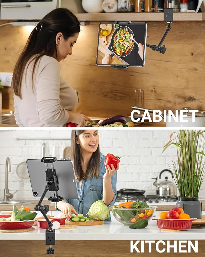 Metal Kitchen Tablet Stand, Fit for 6.1-15.6" Devices, Magic Long Arm Mount for Cabinet, Desk, Table, with 360° Foldable Rotation Aluminum Holder, Compatible with iPad Pro/Air/Mini, Galaxy Tab