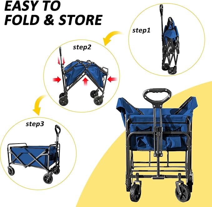 Collapsible Utility Cart Folding Wagon, 220 lbs Capacity Lightweight Rolling Cart with Quiet Wheels, Quick-Fold Design for Camping, Shopping, Ourdoor Use, Blue 2PCS