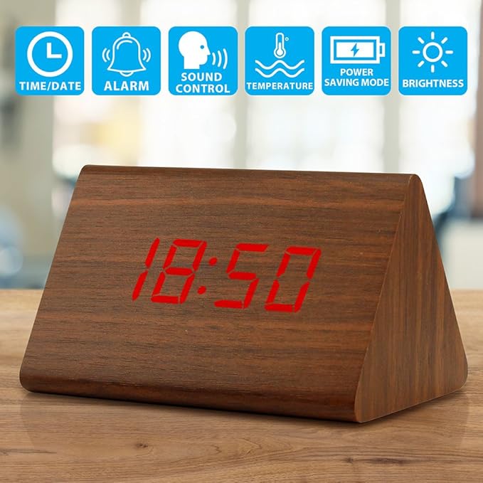 GEARONIC Digital Alarm Clock Wooden Alarm Clock Wood Modern Triangle Alarm Digital Desk Clock, Displays Time Date Temperature Calendar Wood Made Electric Clocks for Bedroom, Bedside - Brown