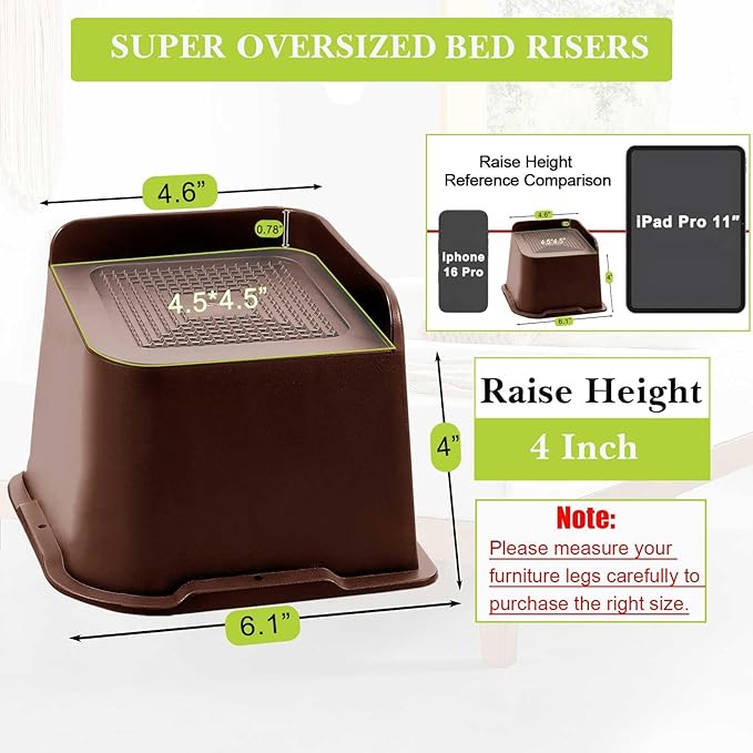 Bed Risers 1 inch, 2 inch, 3 inch, 4 inch, 6 inch, 8 inch Heavy Duty, Oversized Furniture Riser for Couch Sofa Table Chair Leg Frame Dorm, Support up to 6000 Lbs (Chocolat Brown 6 Pack, 4 inch)