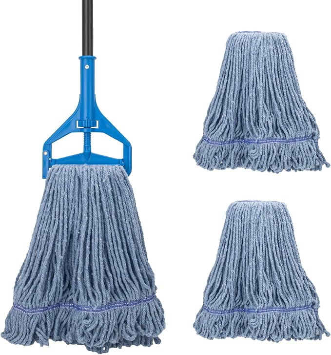 Heavy Duty Commercial Mop with 3 Extra Large Reusable Replacement Head,59" Long Handle Industrial Wet Mops,Looped-End String Cotton Mop for Floor Cleaning,House,Kitchen,Office,Garage,Tile