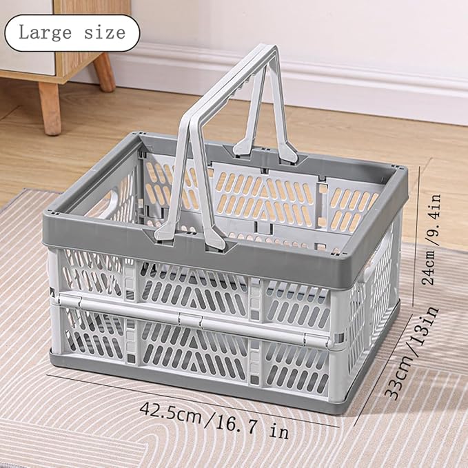 Collapsible Storage Crate with Handles, Milk Crates，33L Foldable Plastic Shopping Basket, Organizer Container for Car Home Pinic (Light gray, Large)