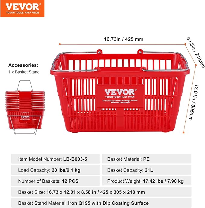 VEVOR Shopping Basket Set, 12 x 21L Durable Plastic Grocery Basket with Metal Handle and Stand, 16.73 x 12.01 x 8.58 inch Portable Shop Basket for Retail Store Supermarket Grocery Shopping, Red