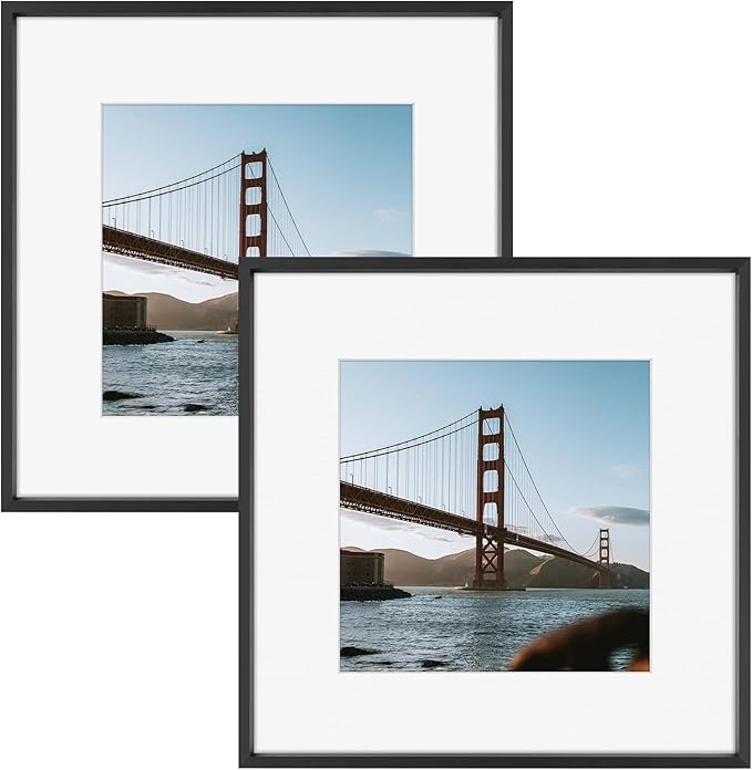 Frametory, 12x12 Metal Picture Frame with Mat for 8x8 Picture & Real Glass, Aluminum Photo Frame Collection (Black, 2 Pack)