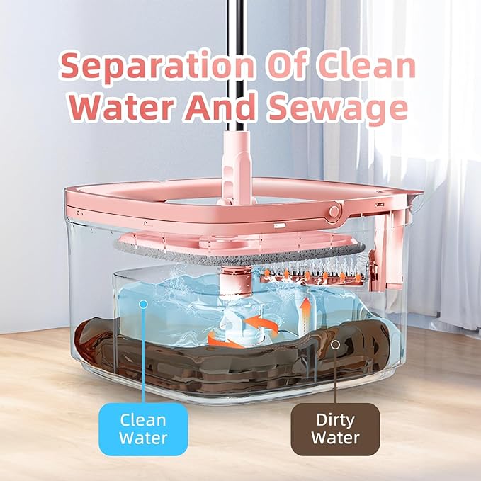 KZKR Square Spin Mop and Bucket Set with Self Separation Dirty and Clean Water System, Self Wringing 360° Rotating Mops Head with 2 Replaceable Microfiber Pads for Home Floors Cleaning