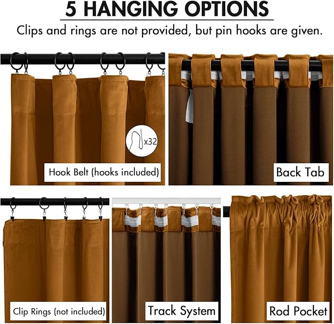MIULEE Velvet Curtains 108 Inch Length 2 Panels Set for Bedroom, Pinch Pleat Back Tab Luxury Thermal Insulated Living Room Darkening Pleated Blackout Extra Long Window Curtain with Hooks, Golden Brown