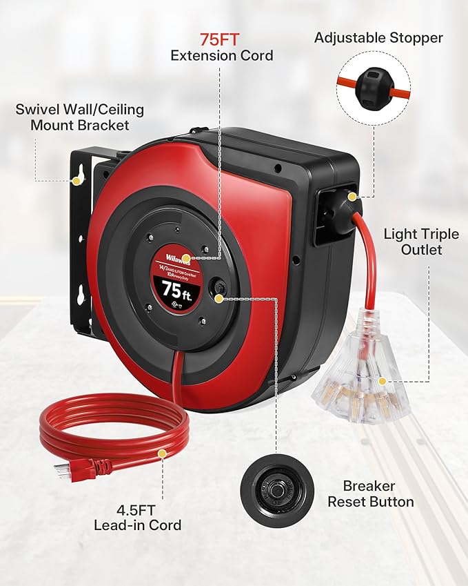 Retractable Extension Cord Reel, 75 FT Heavy Duty Extension Cord, 14AWG/3C SJTOW, 3 Grounded Outlets Lighted Triple Tap, 10A Circuit Breaker, Wall/Ceiling Mounted, UL Listed, Red R75CR06
