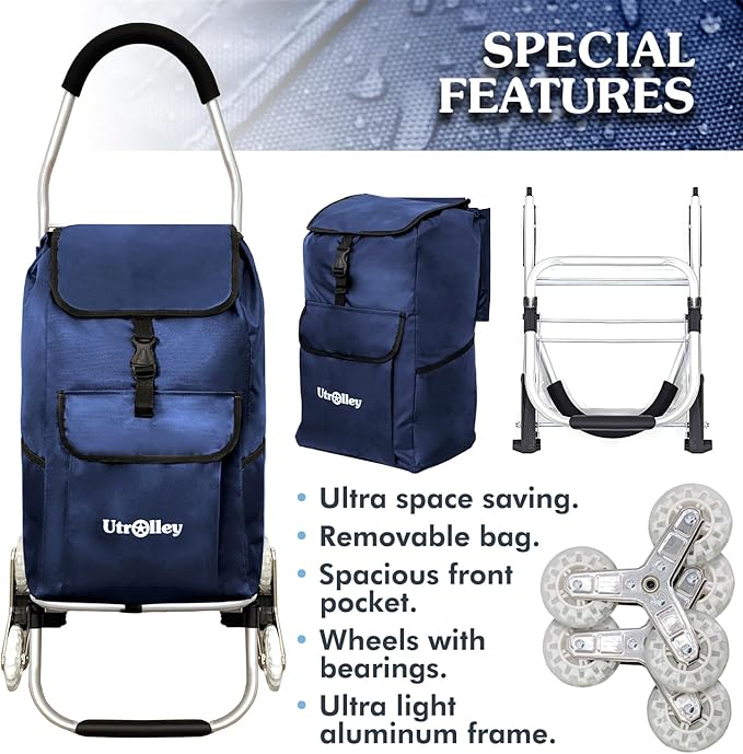 Ultra-Lightweight Stair Climber Cart for Groceries & Laundry, Durable 6-Wheel Folding Shopping Cart with Insulated Bag, Blue
