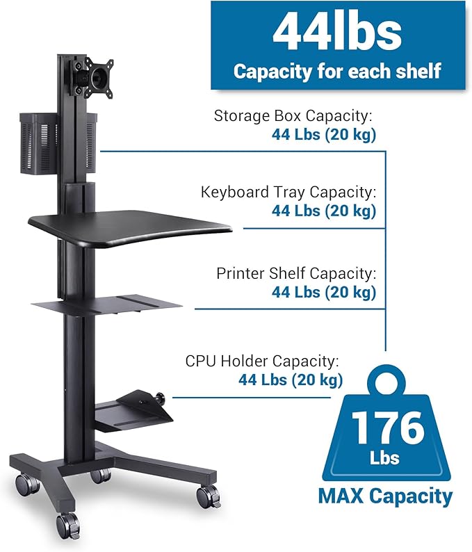 Yescom Mobile Computer Cart Rolling PC Stand Desk Workstation on Wheels with Monitor Mount Adjustable Keyboard Tray CPU Printer Holder for Hospital Clinic School Office Black