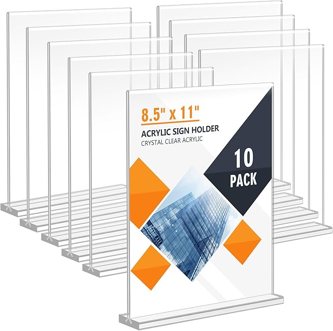 Acrylic Sign Holder 8.5 x 11, Double Sided Sign Holder Stand, Plastic 10 Pack Table Paper Stand, Vertical Menu Flyer Stand, T Shape Table Flyer Holder