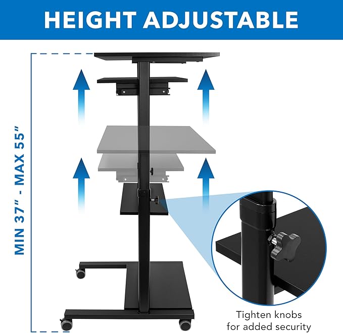 Mount-It! Mobile Standing Desk with Retractable Keyboard Platform | Height Adjustable Stand Up Computer Workstation | Locking Wheels, 99 Lbs Capacity