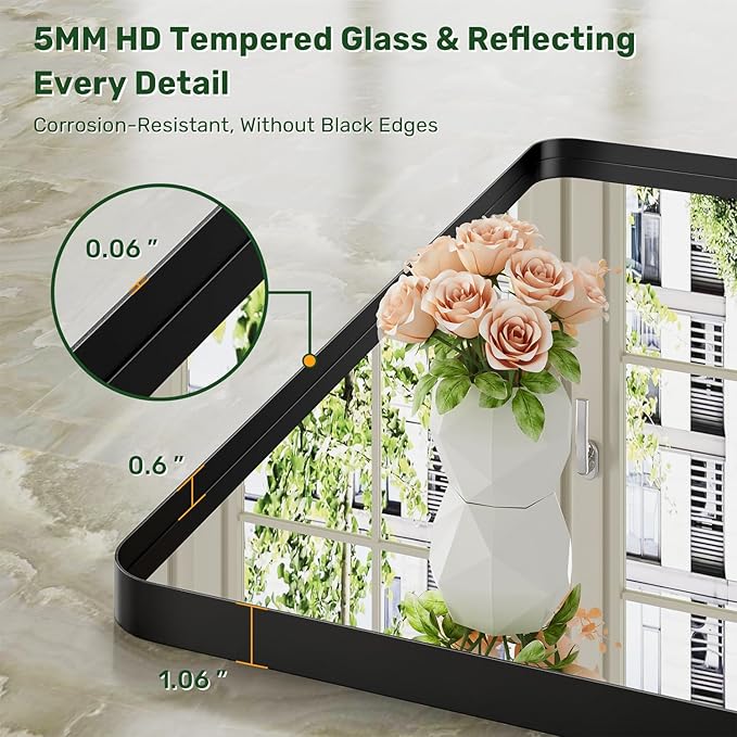 48X30 Black Bathroom Mirror for Over Sink, Metal Framed Vanity Mirror Wall Mounted, Rectangle Mirror for Bedroom Living Room Restroom Entryway, Anti-Rust, HD Tempered Glass