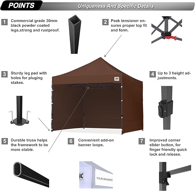 ABCCANOPY Heavy Duty Easy Pop up Canopy Tent with Sidewalls 10x10, Brown