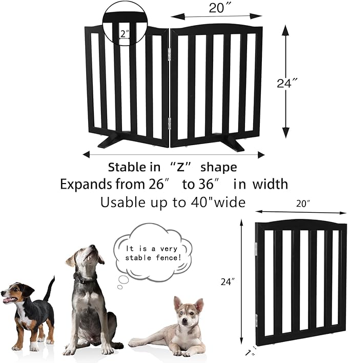 Freestanding Dog Gate Indoor,Doggie Gate Foldable Pet Gates for Doorways,Stairs or Hallways, Wooden Black Pet Gate for The House, Pet Fence with Support Feet Included,24 "Height-2 Panels
