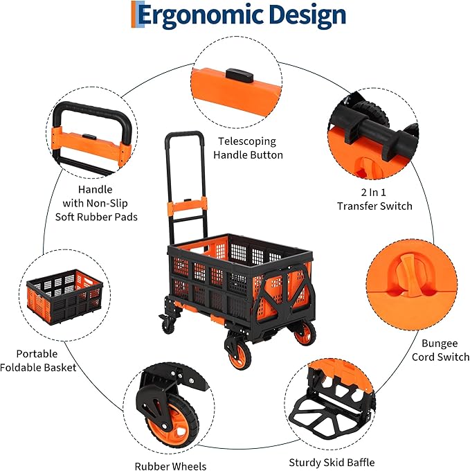 Garvee Folding Hand Truck, 330 LB Heavy Duty Dolly Cart with Foldable Basket, Portable Folding Hand Cart with Bungee Rope, Rubber Wheels and Retractable Handle for Luggage, Moving, Office, Orange