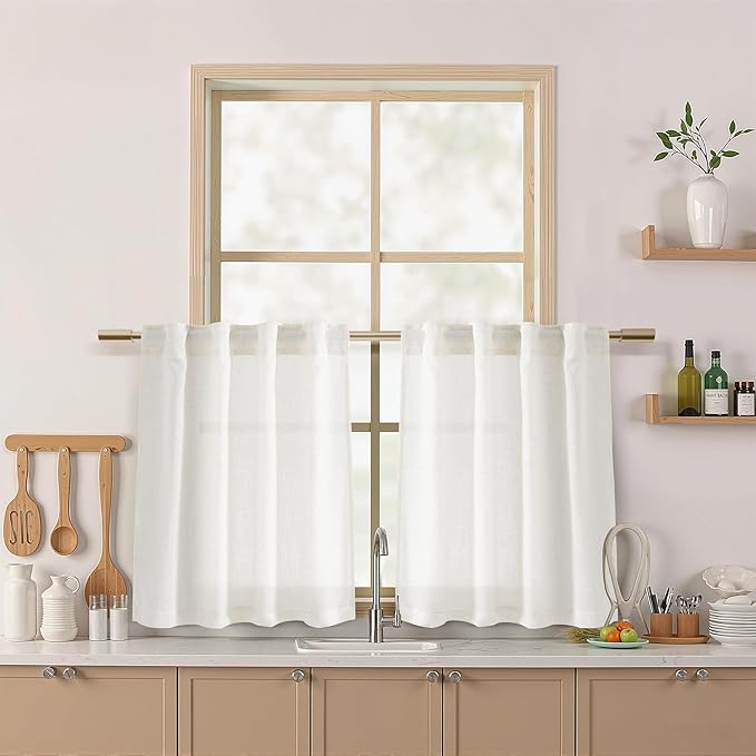Nanspring 24 Inch Linen Curtains for Kitchen Beige White Small Window Semi Sheer Curtains Back Tab and Rod Pocket Light Filtering Drapes for Basement Short Cafe Curtain 26 x 24 Inch, 2 Panels