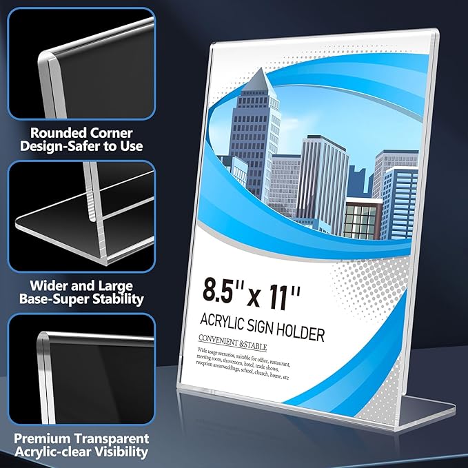 Acrylic Sign Holder 8.5 x 11 12 Pack, Double-Sided Clear Sign Holder Plastic Stands for Display, Table Sign Stands, T Shape Flyer Holder