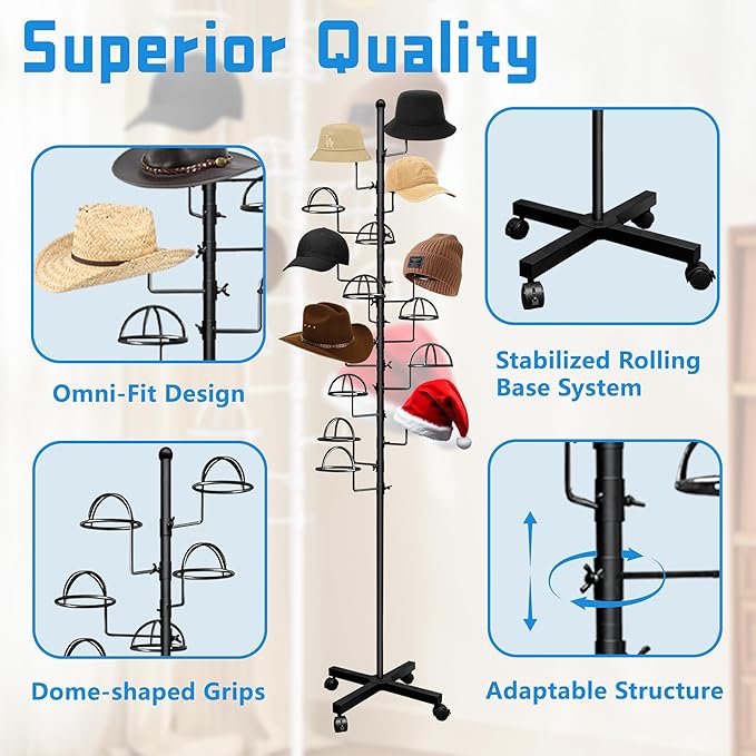 Montex Freestanding Hat Rack Stand, Metal Hat Organizer Rack with 15 Customisable Circular Hooks, Hats Tree Stand Floor Standing Hat Display, Black