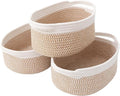 Woven Basket,Small Rope Storage Bin with Handles & Ribbon Bag, Organizer for Shelves Closets,Gift Basket Empty for Birthday,Books,Dog Toys, White&Brown Block/3 Pack